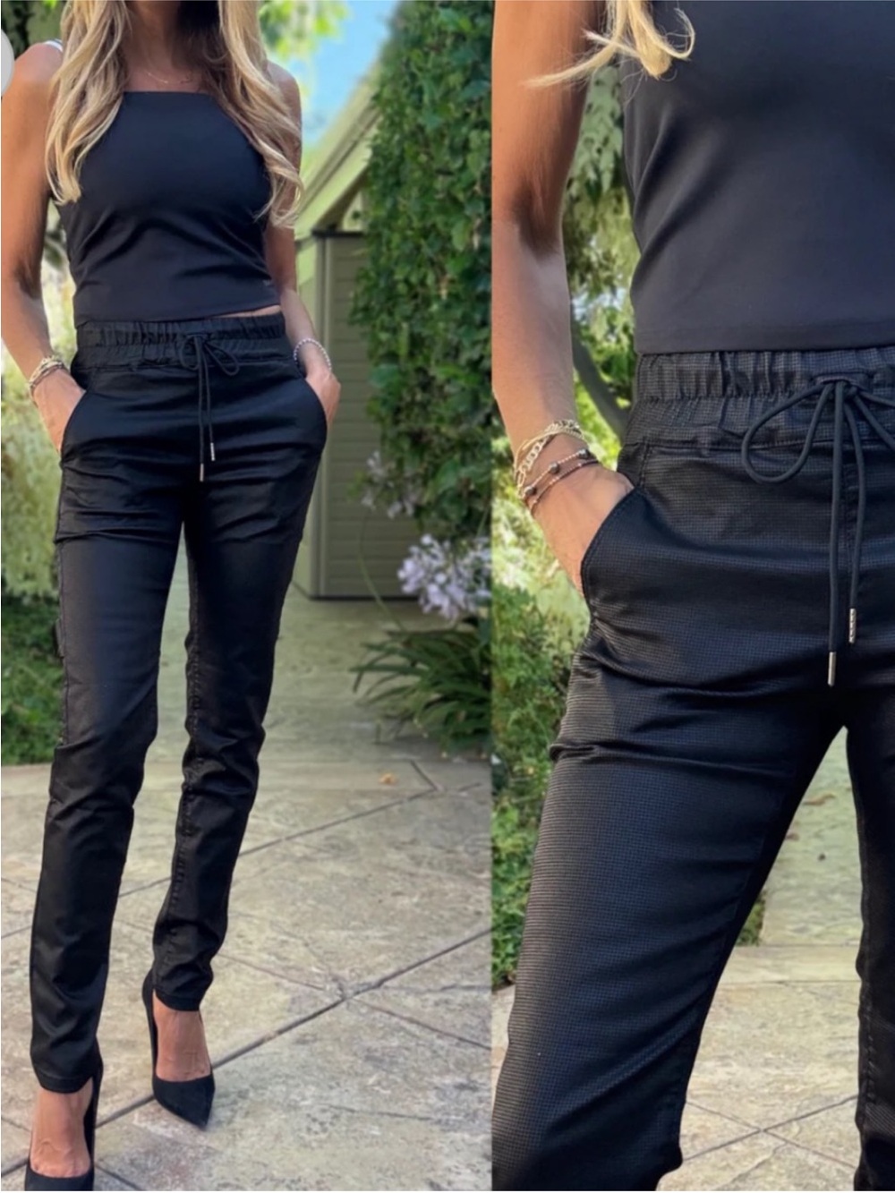 Bevy Flog Shely Pants Black Original Stretch Jogger Trouser Drawstring Size 25